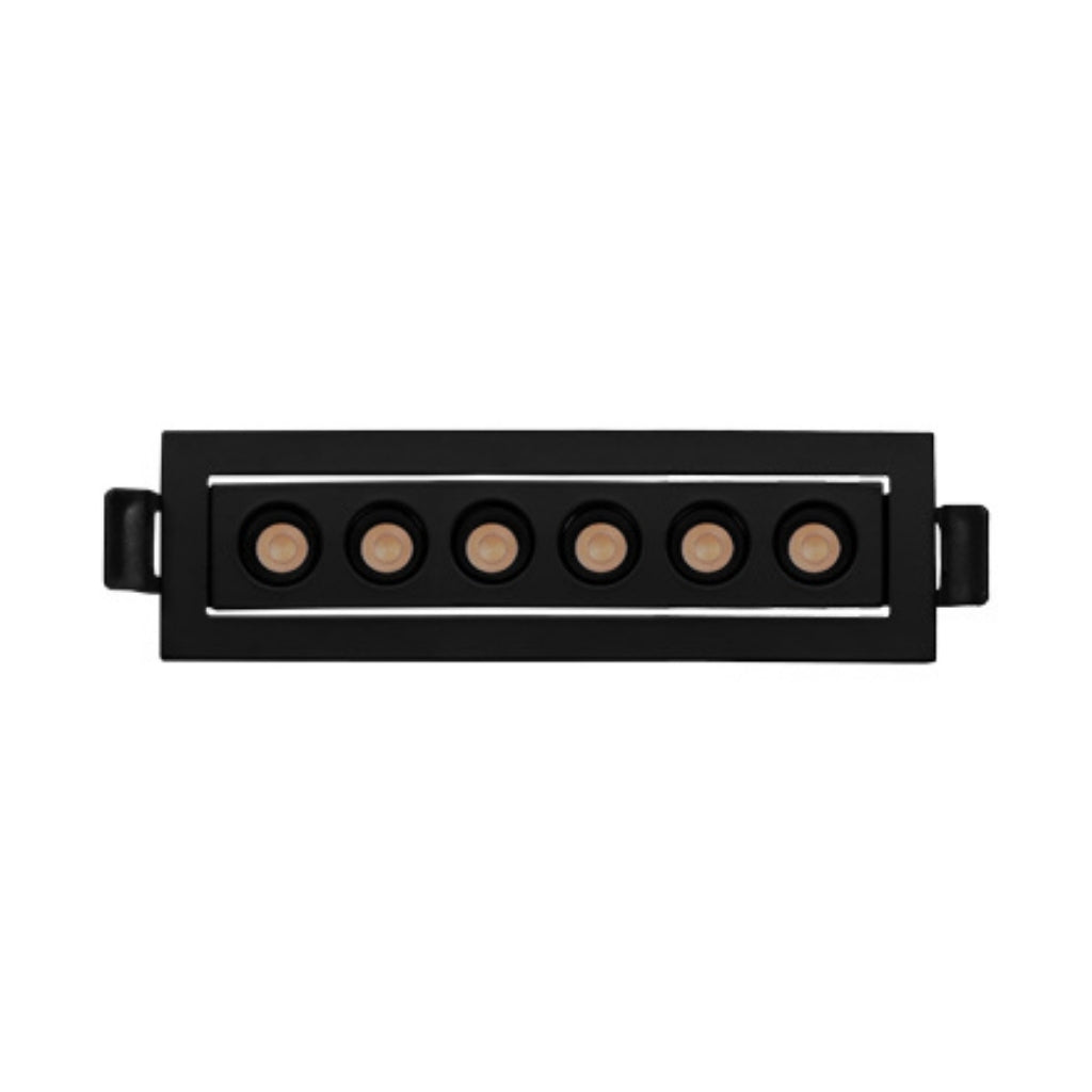 Luminario rectangular dirigible slim puntual 9W 36° CRI90 bajo deslumbramiento, todo negro con 6 cuerpos, opciones color de luz 85-277V de iLumileds