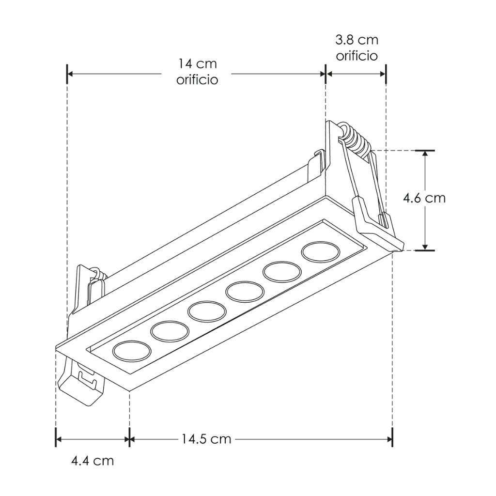 Luminario rectangular dirigible slim puntual 9W 36° CRI90 bajo deslumbramiento, todo negro con 6 cuerpos, opciones color de luz 85-277V de iLumileds
