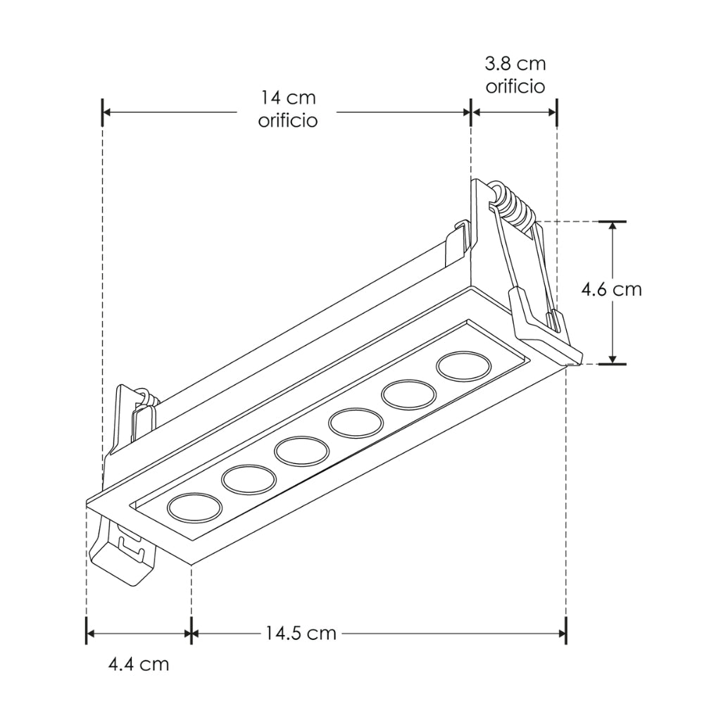 Luminario rectangular dirigible slim puntual 9W 36° CRI90 bajo deslumbramiento, todo blanco con 6 cuerpos, opciones color de luz 85-277V de iLumileds