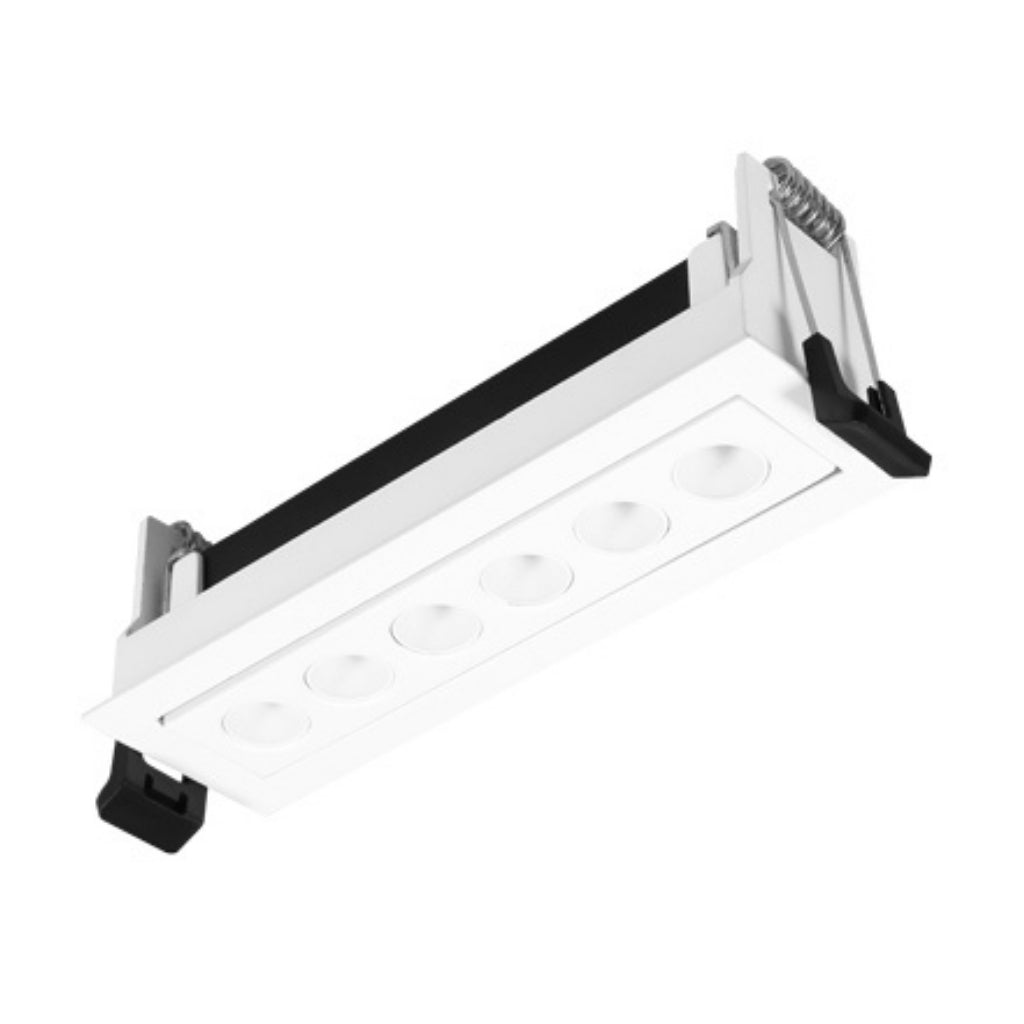Luminario rectangular dirigible slim puntual 9W 36° CRI90 bajo deslumbramiento, todo blanco con 6 cuerpos, opciones color de luz 85-277V de iLumileds