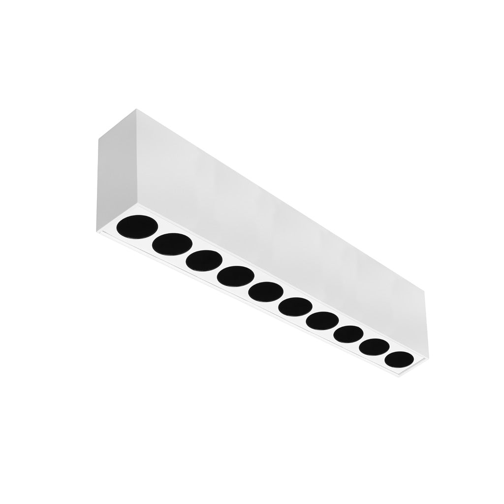 Luminario rectangular sobreponer puntual 20W 36° CRI90 bajo deslumbramiento, todo blanco con 10 cuerpos, opciones color de luz 85-277V de iLumileds