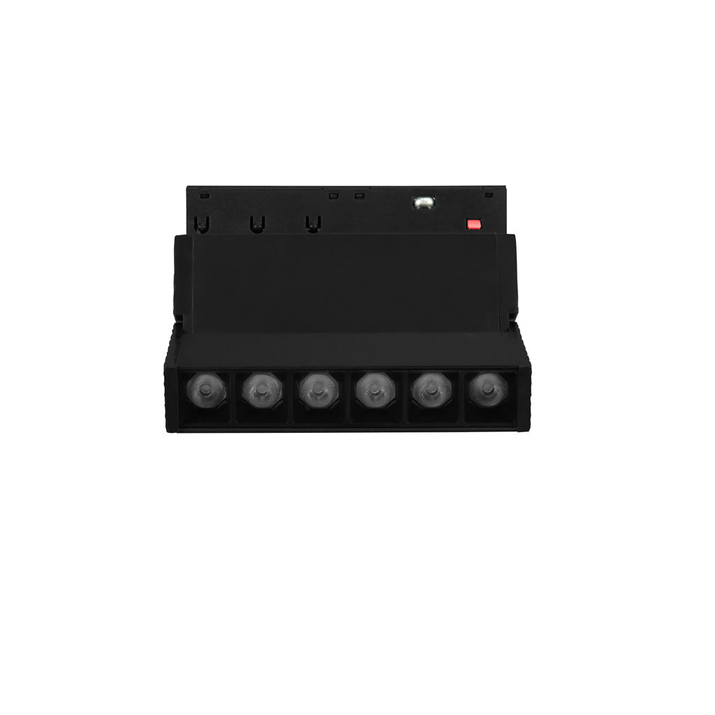 Luminario tipo rectangular puntual dirigible 6W 24° 6 cuerpos ópticos 48V cambio de color de luz vía app o iterruptor físico de cálido a frío - 2700K - 4100K - 5500K, para riel magnético de iLumileds