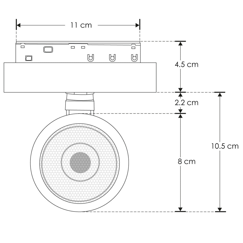 Proyector circular dirigible 15W 24° cambio de color de luz vía app o iterruptor físico de cálido a frío - 2700K - 4100K - 5500K, bajo deslumbramiento con louver honey 48Vcc para riel magnético de iLumileds
