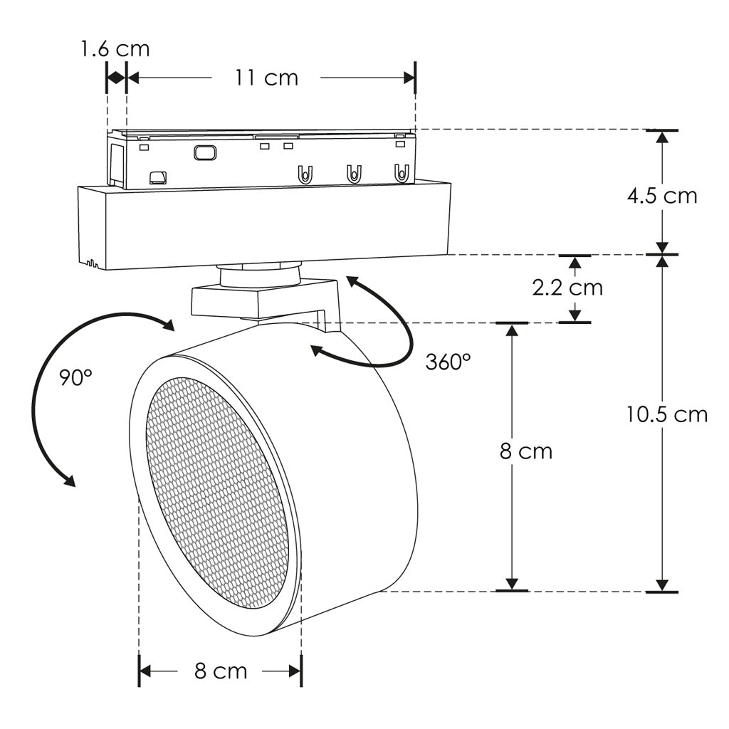 Proyector circular dirigible 15W 24° cambio de color de luz vía app o iterruptor físico de cálido a frío - 2700K - 4100K - 5500K, bajo deslumbramiento con louver honey 48Vcc para riel magnético de iLumileds