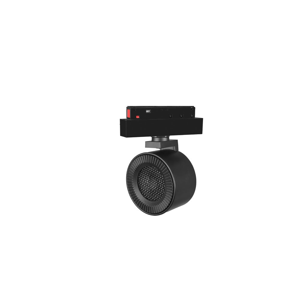 Proyector circular dirigible 15W 24° cambio de color de luz vía app o iterruptor físico de cálido a frío - 2700K - 4100K - 5500K, bajo deslumbramiento con louver honey 48Vcc para riel magnético de iLumileds