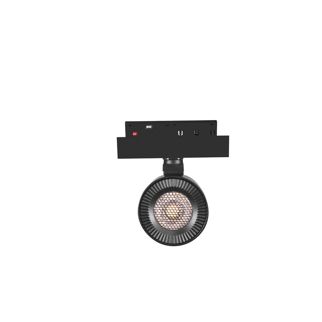 Proyector circular dirigible 15W 24° cambio de color de luz vía app o iterruptor físico de cálido a frío - 2700K - 4100K - 5500K, bajo deslumbramiento con louver honey 48Vcc para riel magnético de iLumileds