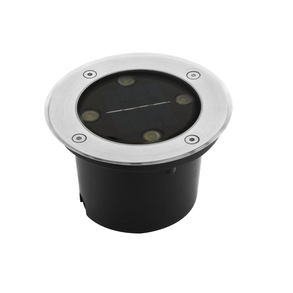 Luminario solar LED para empotrar en piso 4W 120° con tapa de acero inoxidable con sensor de obscuridad, incluye bateria de litio y housing IP67 (no debe pisarse) de iLumileds