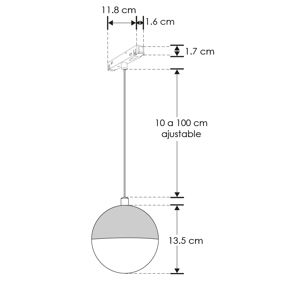 Luminario magnético esfera de aluminio negro y policarbonato para suspender 6W 120°, CRI:90 48Vcc luz neutro cálido, suspensión ajustable de iLumileds