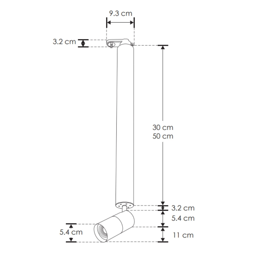 Proyector cilíndrico dirigible con brazo de 50cm con base GU10 acabado negro para riel eléctrico de iLumileds