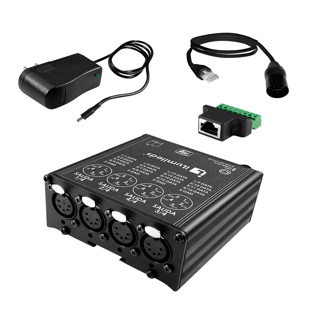Interfaz SPI / DMX para tiras de LED Pixel, con cuatro salidas XLR-5 pines, 5/24Vcc, entrada RJ45, incluye fuente de alimentación y cable XLR-5 pines a red de 80cm de iLumileds