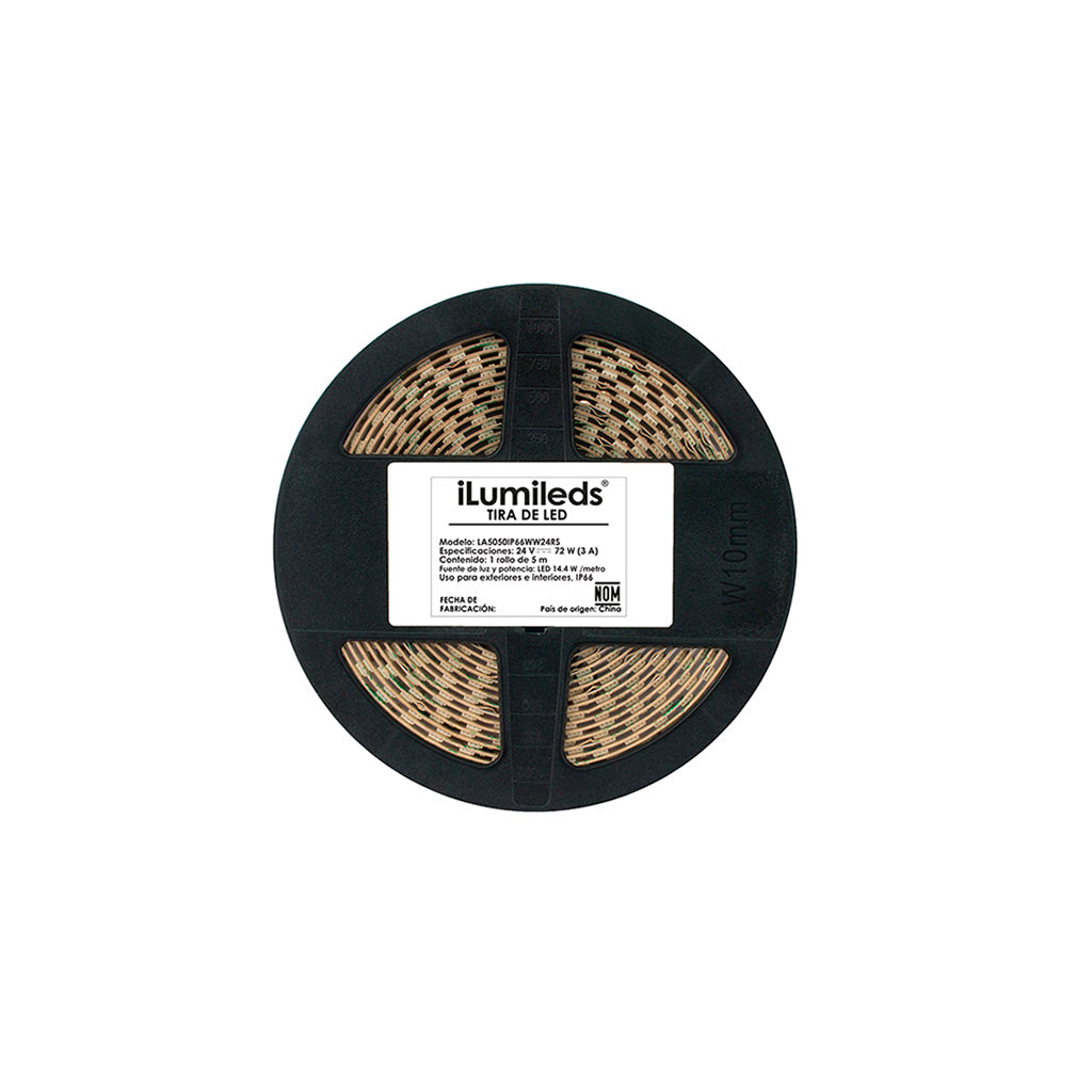Tira LED 5050 exterior 14.4W/m cálido (3000) 24V, 60 chips/m, con cubierta barniz nano al alto vacío con auto adhesivo 3M, protección IP66 de iLumileds