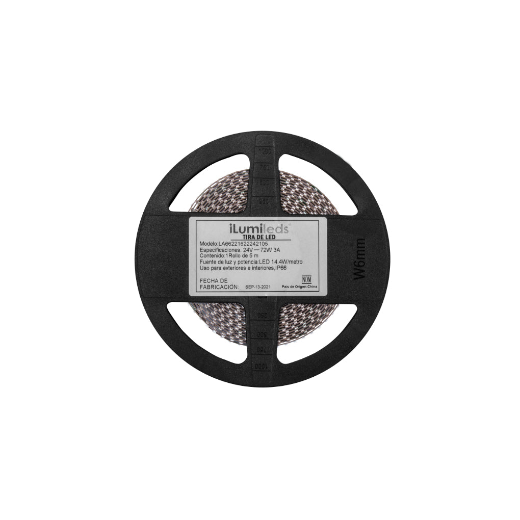 Tira LED IP66 solo 0.5cm de ancho 14.4W/m 24V CRI:90 con 210 chips/m rollo 5m opción de tonos de luz, con auto adhesivo de iLumileds