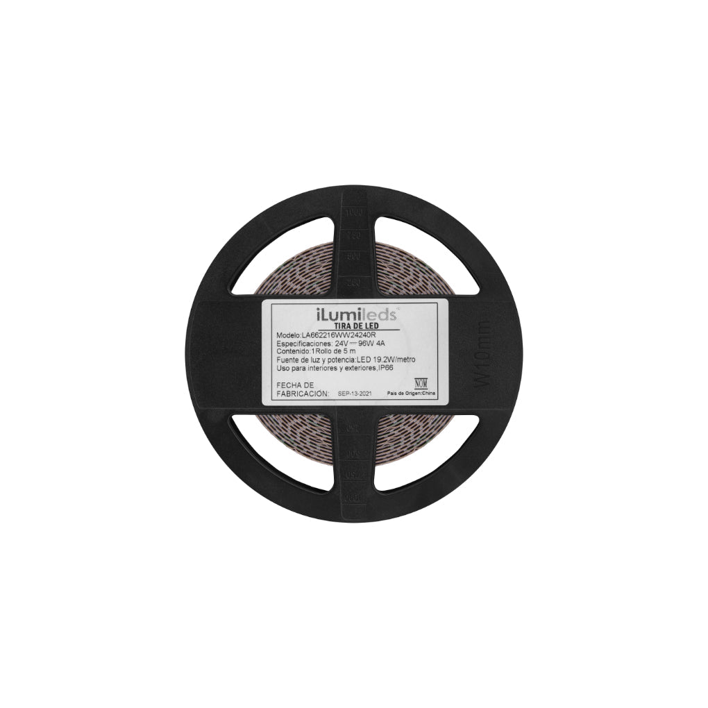 Tira LED IP66 24W/m 24V CRI:90 con 300 chips/m rollo 5m opción de tonos de luz, con auto adhesivo de iLumileds