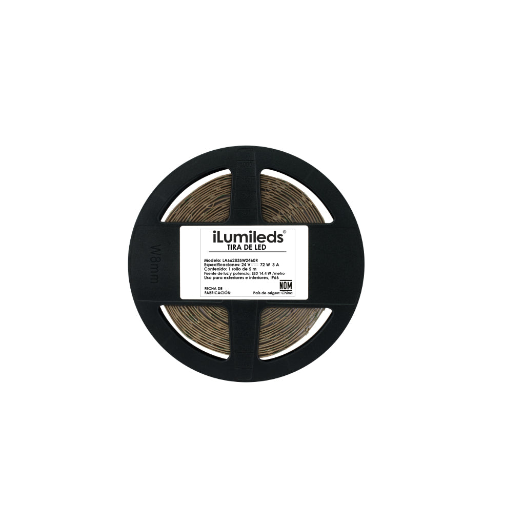 Tira LED IP66 solo 0.8cm de ancho 14.4W/m 24V CRI:90 con 60 chips/m rollo 5m opción de tonos de luz, con auto adhesivo de iLumileds