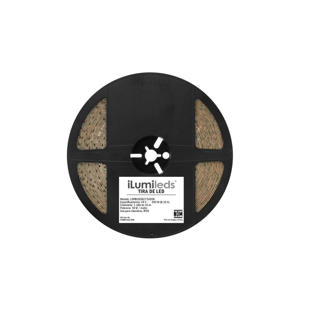 Tira LED 10W/m 24V con 120 chips/m 2835 rollo 20m opción color de luz Cálido / Neutro / Neutro Frío, con auto adhesivo de iLumileds