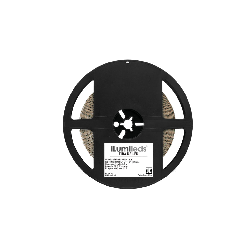 Tira LED 28.8W/m 24V con 120 chips/m 2835 rollo 5m opción color de luz Cálido / Neutro / Neutro Frío, con auto adhesivo de iLumileds
