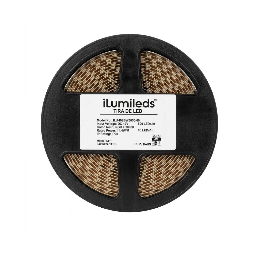 Tira LED RGB 7W/m 24V con 120 chips/m 4040 para interiores, rollo 5m con auto adhesivo de iLumileds