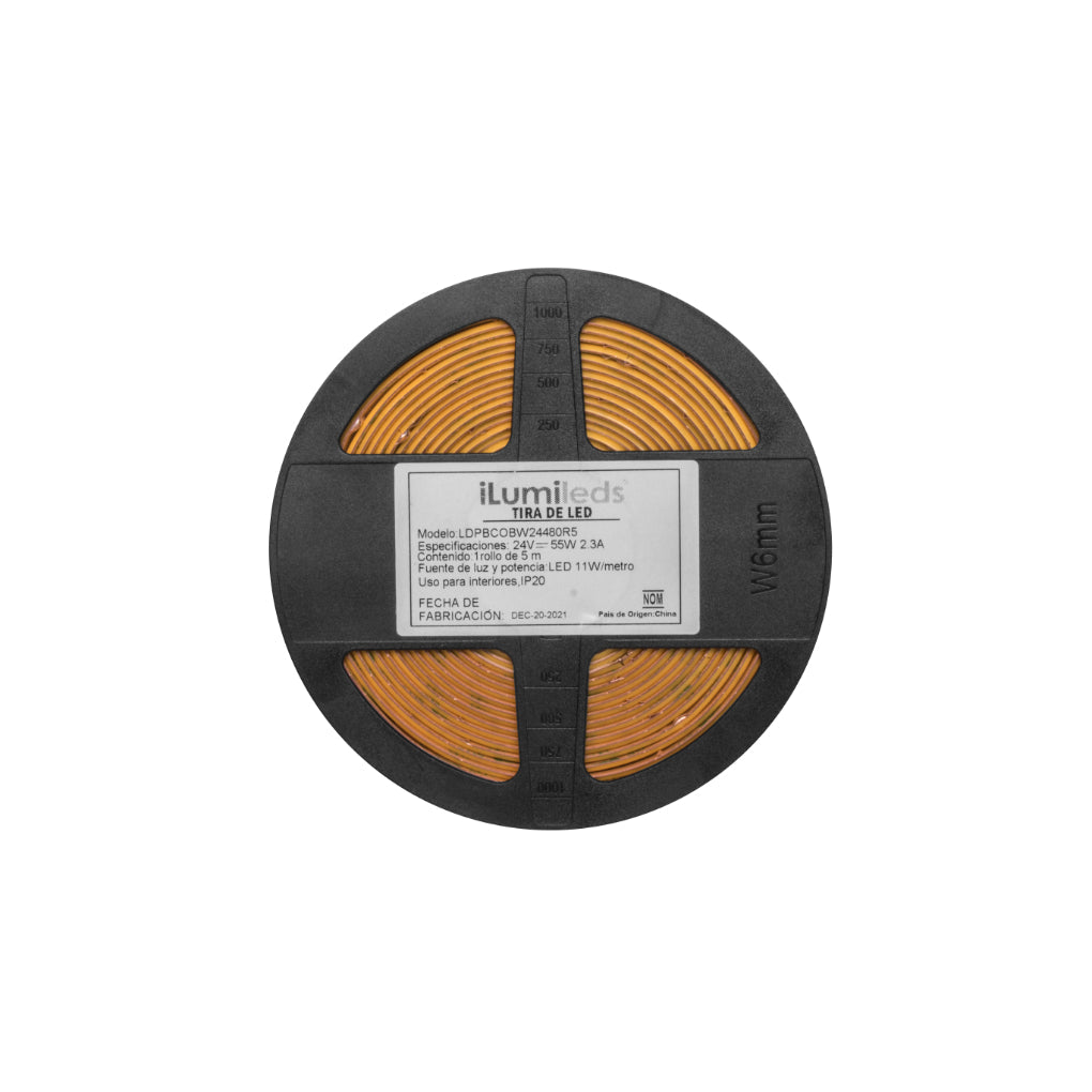 Tira LED COB solo 0.5cm de ancho 11W/m 24V CRI:90 con 480 chips/m rollo 5m opción de tonos de luz, con auto adhesivo de iLumileds