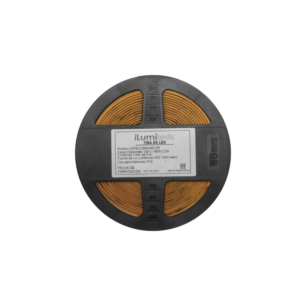 Tira LED COB 12W/m 24V CRI:90 con 512 chips/m rollo 5m opción de tonos de luz, con auto adhesivo de iLumileds
