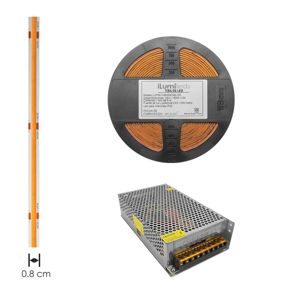 Kit 1pz Fuente de alimentación conmutada 200W (160W máx.), entrada 110-220V ca salida 24V cc, para interiores de iLumileds+ 1pz Tira LED COB 12W/m 24V CRI:90 con 512 chips/m rollo 5m cálido (3000K), con auto adhesivo de iLumileds
