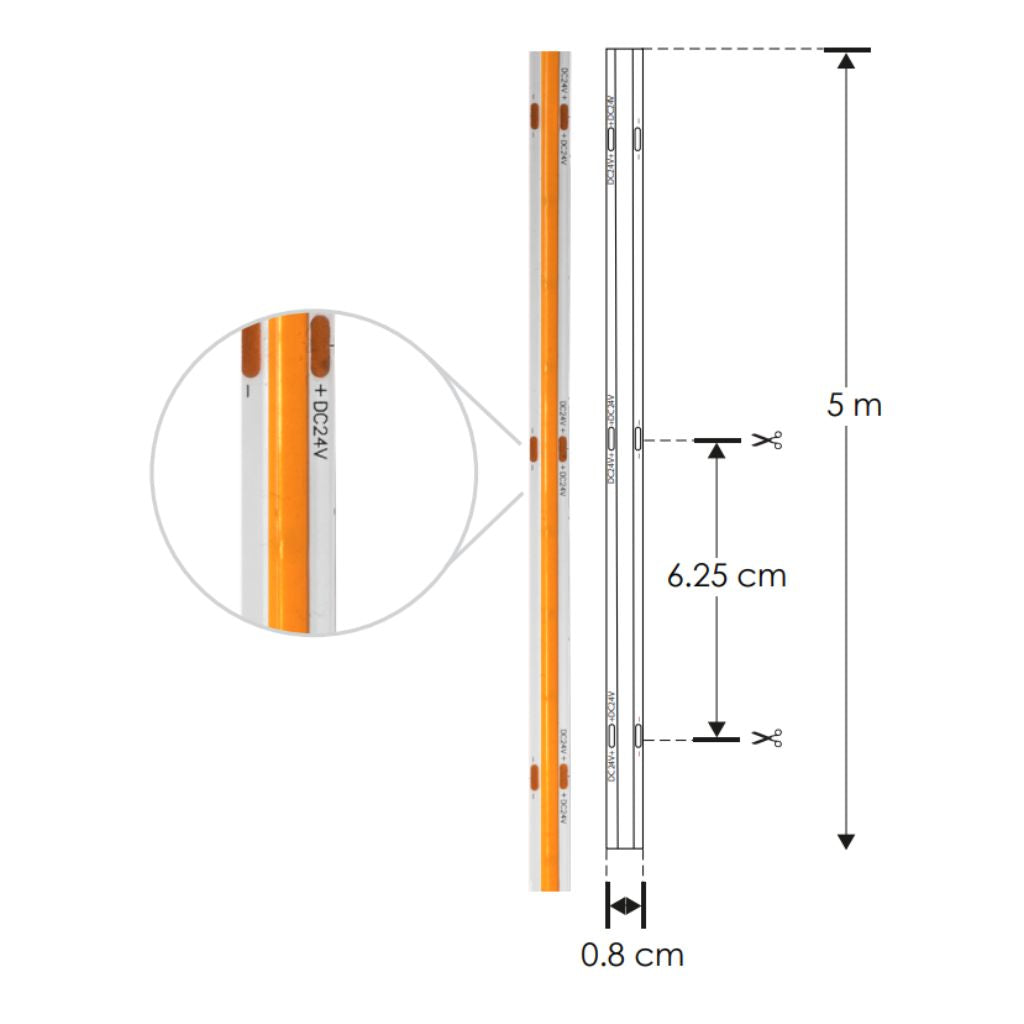 Kit 1pz Fuente de alimentación conmutada 200W (160W máx.), entrada 110-220V ca salida 24V cc, para interiores de iLumileds+ 1pz Tira LED COB 12W/m 24V CRI:90 con 512 chips/m rollo 5m cálido (3000K), con auto adhesivo de iLumileds