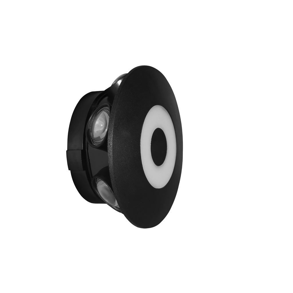 Luminario circular de pared 7W con seis salidas óptica de 45° + frontal de 120°, de policarbonato acabado negro, 100-265V de iLumileds