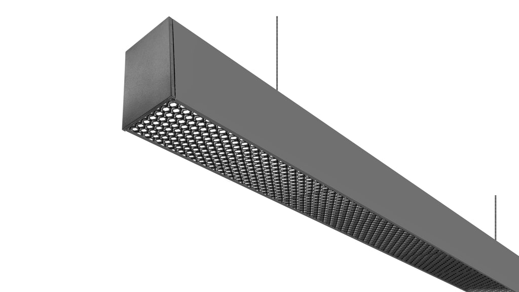 Luminario lineal 2m para suspender acabado negro con policarbonato y rejilla honeycomb 80w 127V de ilumines