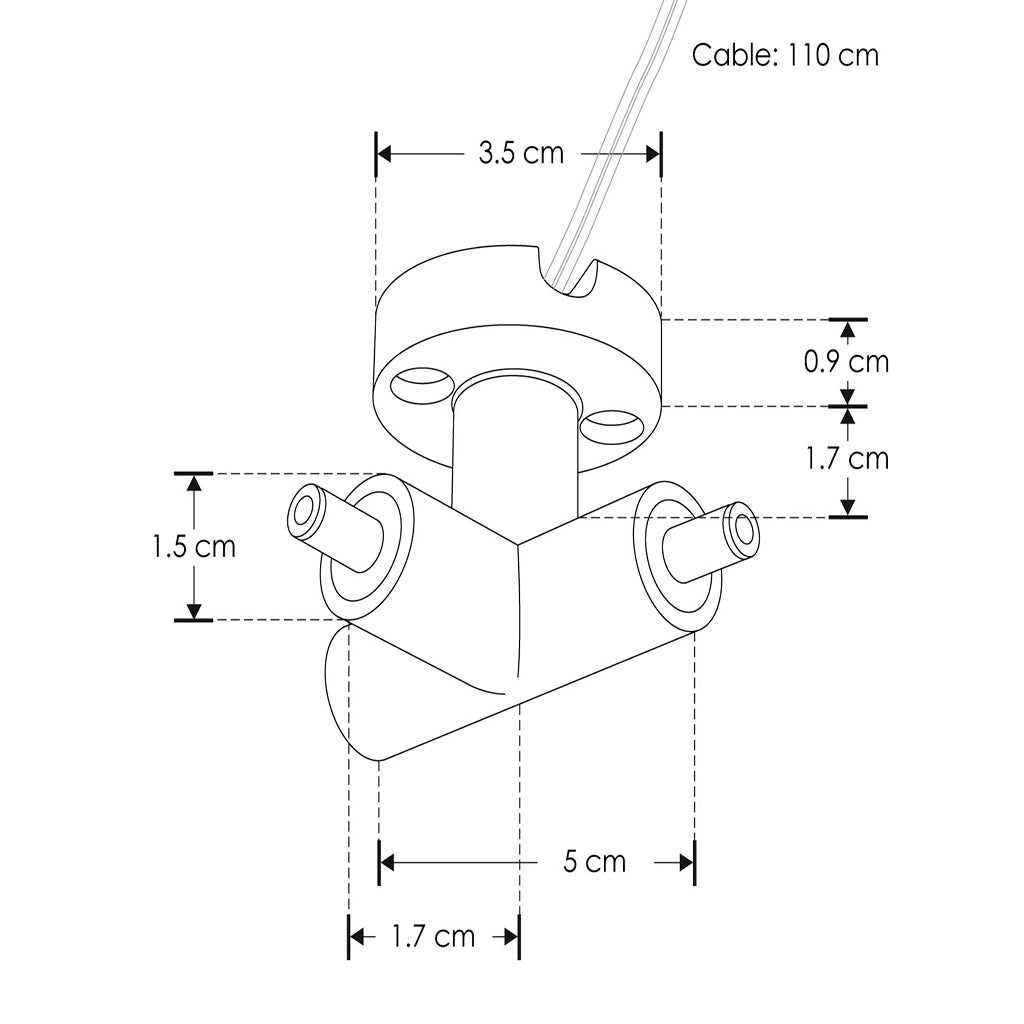 Conector horizontal con dos entradas hembra + una salida macho de pared y techo, policarbonato acabado negro, incluye par de cables internos de 110 cm para luminarios de la serie RUB CUBE de iLumileds
