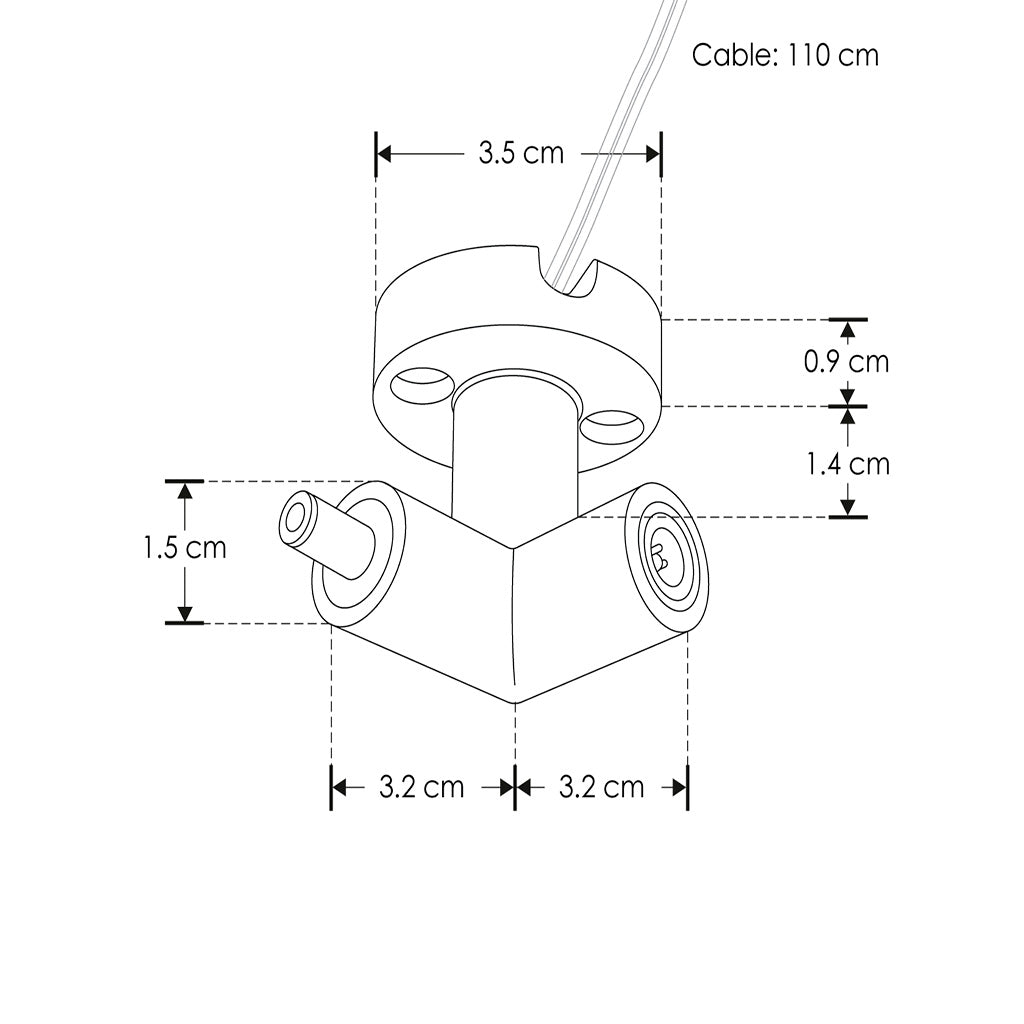 Conector horizontal macho - hembra (lado derecho) de pared y techo 90° policarbonato acabado negro, incluye par de cables 110 cm para luminarios de la serie RUB CUBE de iLumileds
