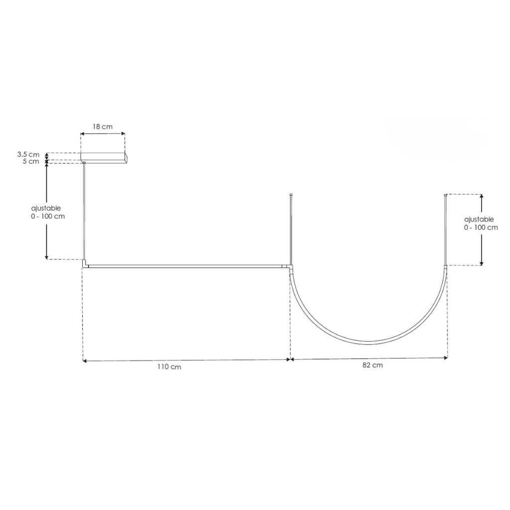 Luminario para suspender 34W 100° serie RUB CUBE, incluye una línea luminosa semicircular + una recta y accesorios para fijación, cambio de color de luz y atenuación vía control remoto o APP de iLumileds