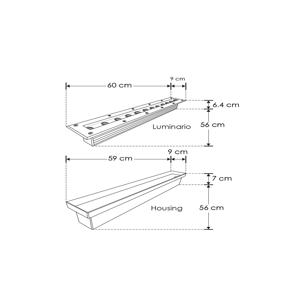 Luminario rectangular integrado 18W 15x45° 60cm luz Neutro Cálido fabricado en acero inoxidable para empotrar en piso incluye housing de iLumileds