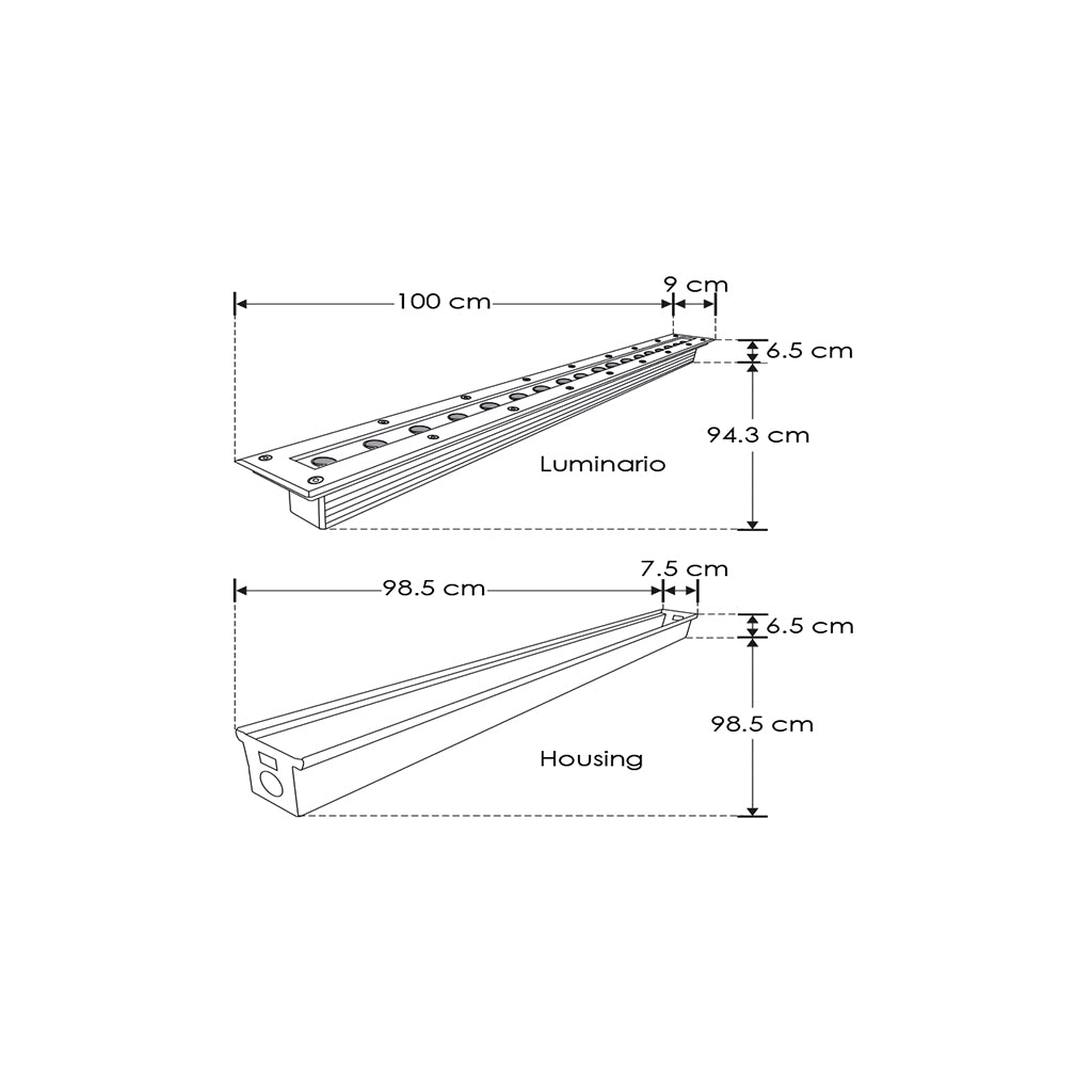 Luminario rectangular integrado 27W 15x45° 100cm fabricado en acero inoxidable para empotrar en piso incluye housing de iLumileds