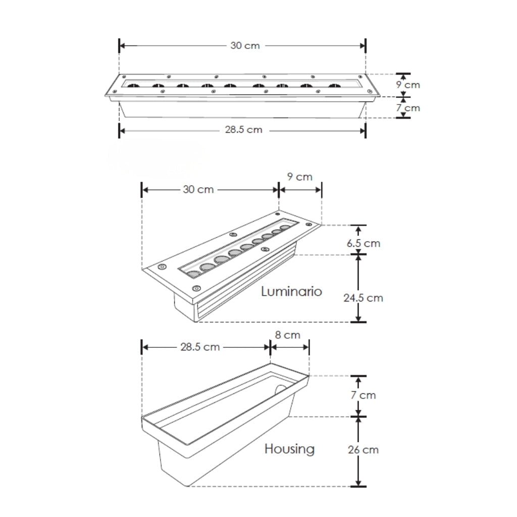 Luminario rectangular integrado 13.5W 15x45° 30cm opciones color de luz fabricado en acero inoxidable para empotrar incluye housing de iLumileds