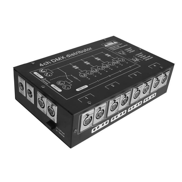 Splitter de señal DMX 1 entrada y 4 salidas XLR 3 y 5 pines, salidas optoaisladas independiente, 127V ca, para interiores de iLumileds
